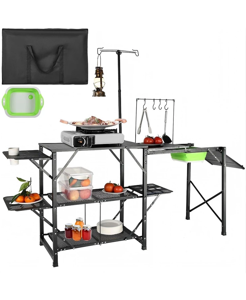 Gouun Folding Camping Kitchen Table with Sink Side Tables and Storage Shelves