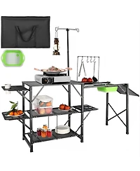 Gouun Folding Camping Kitchen Table with Sink Side Tables and Storage Shelves