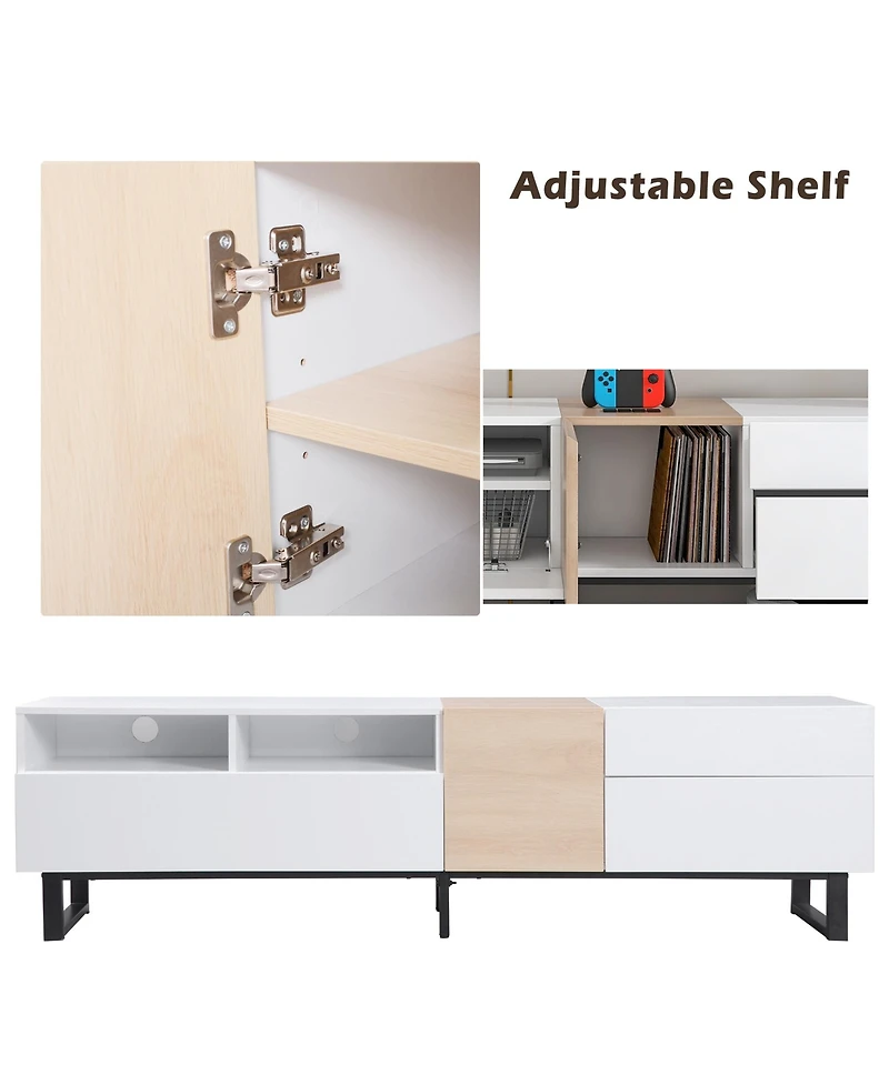 Rainsken Modern Wooden Media Console for 80 Inch Tvs, Entertainment Center with Dual Storage and Drop Down Door, TV Stand for Living Room