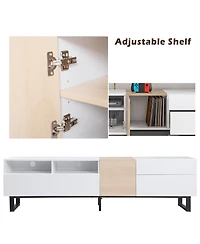 Rainsken Modern Wooden Media Console for 80 Inch Tvs, Entertainment Center with Dual Storage and Drop Down Door, TV Stand for Living Room