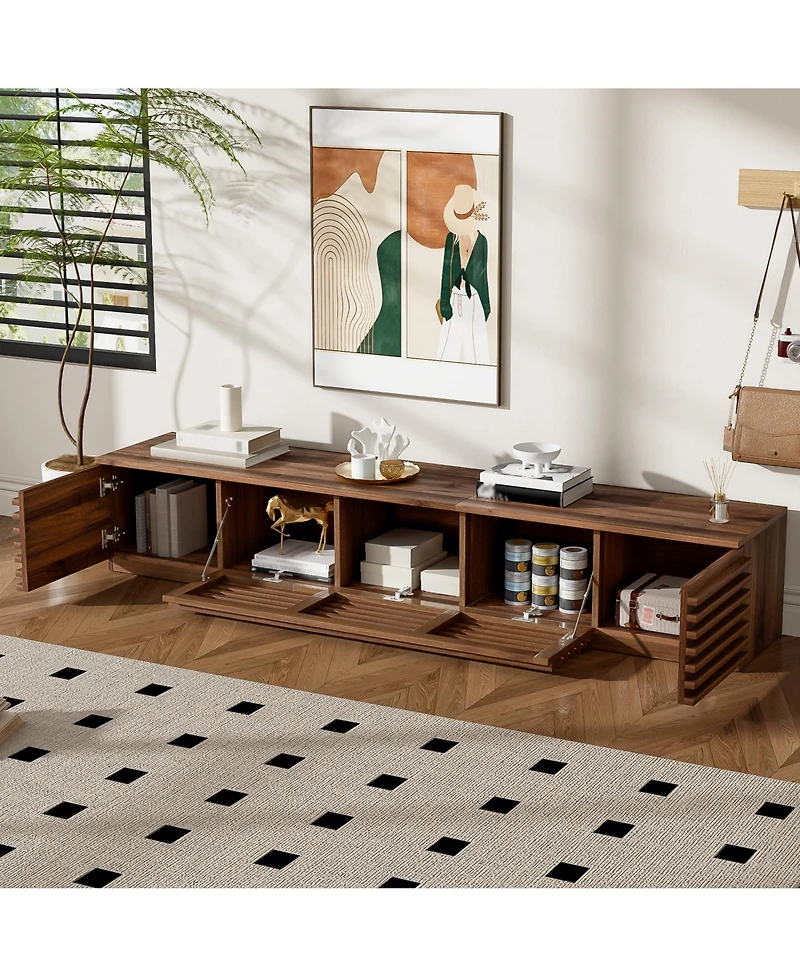 Rainsken 70 Inch Modern Tv Stand for TVs, Media Console with Fluted Details, Flip-Down Center Door and Side Cabinets for Living Room