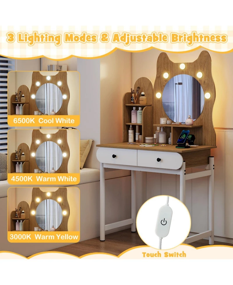 Gouun Small Vanity Desk with Round Lighted Mirror and Power Outlets