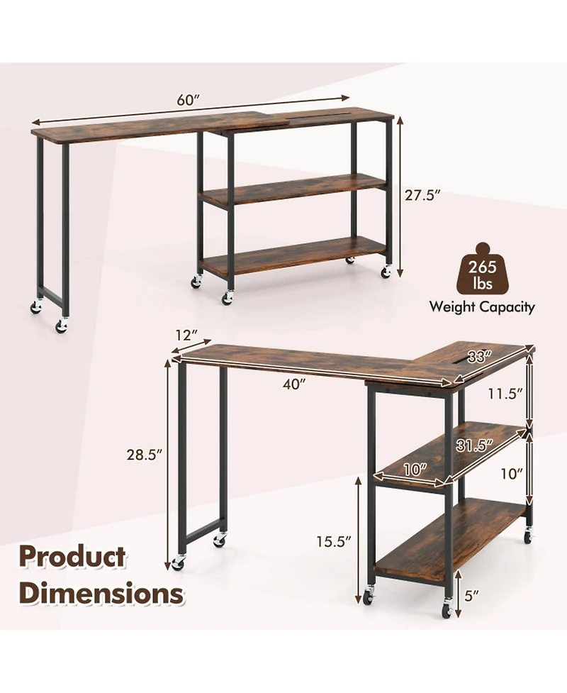 Gouun 360-Degree Rotating Sofa Side Table with Wheels and Storage, 40-60 in