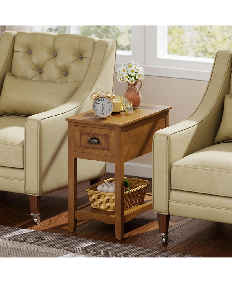 Gouun Set of 2 Retro Narrow End Tables with Drawer and Open Shelf