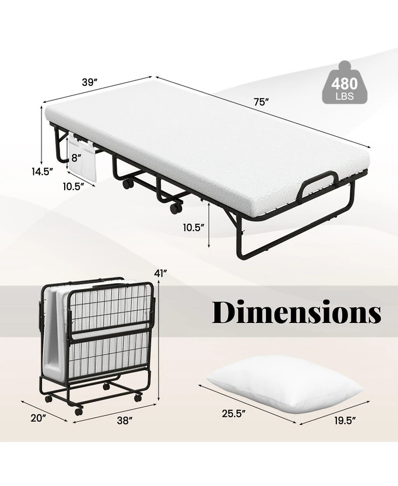 Gouun Twin Rollaway Guest Folding Bed with Memory Foam Mattress