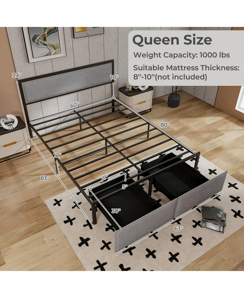Gouun Queen Metal Platform Bed Frame with Led Lights and Storage Drawers