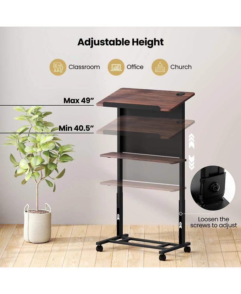 Sugift 40.5-49 Inch Height Adjustable Rolling Podium Stand Lectern Table