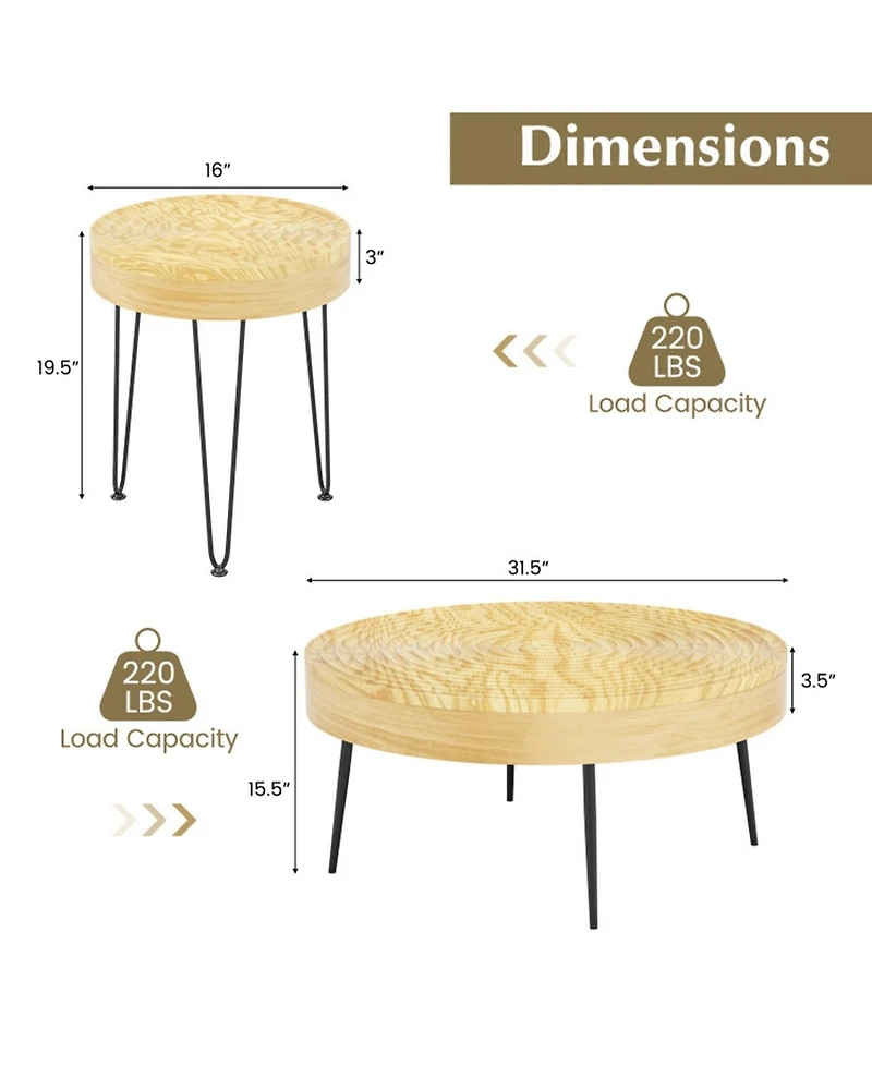 Gouun Set of 2 Solid Pine Wood Farmhouse Round Nesting Coffee Tables