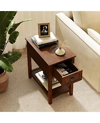 Gouun Set of 2 Retro Narrow End Tables with Drawer and Open Shelf