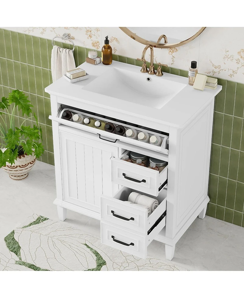 Sillysis 30 Inch Bathroom Vanity with Ceramic Sink, Solid Wood Freestanding Cabinet with Flip Drawer and Soft-Close Door