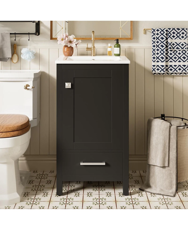 Sillysis 18 Inch Bathroom Vanity with Ceramic Sink, Soft Close Storage Drawer and Door, Freestanding Cabinet for Small Spaces
