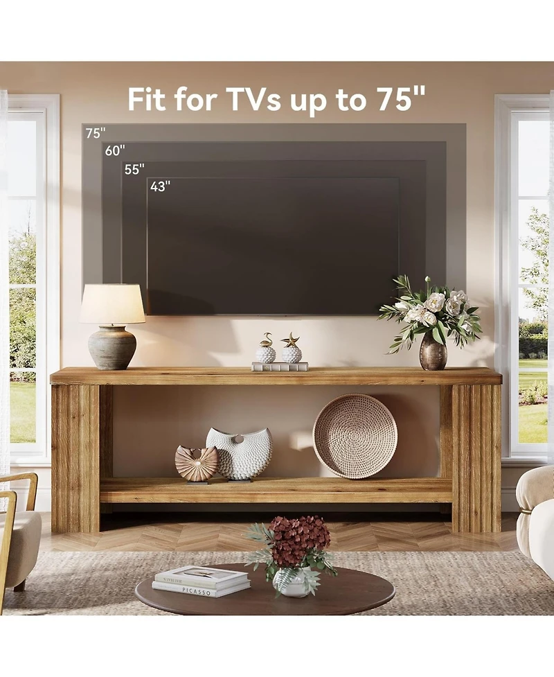 Tribesigns Solid Wood Tv Stand for 55/60/65/75-Inch Tvs, Farmhouse Entertainment Center with 2-Tier Storage Shelf, Fluted TV Consoles
