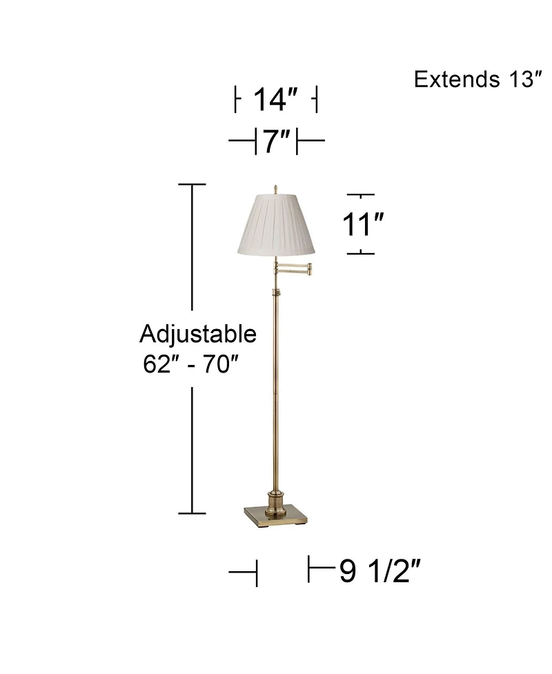 360 Lighting Swing Arm Floor Lamp 70" Tall Antique Brass Box Pleated Cream Linen Drum Shade for Living Room Reading Bedroom