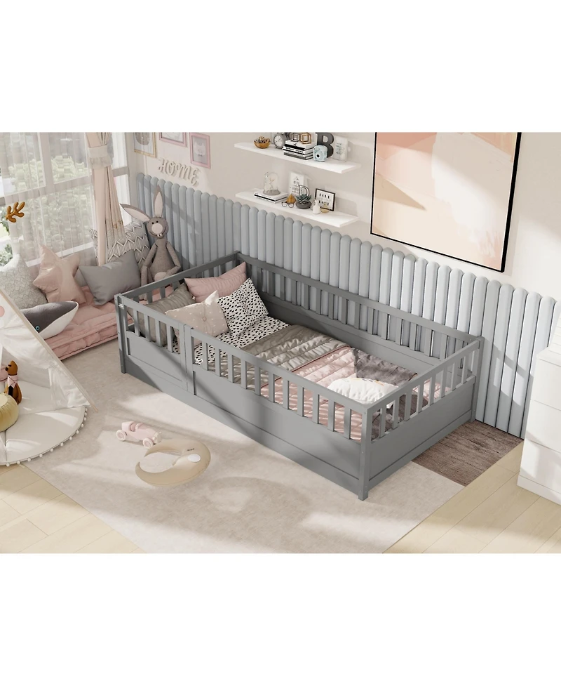 flynama Twin Size Montessori Wooden Floor Bed With High Security Barrier And Door For Kids Bedroom