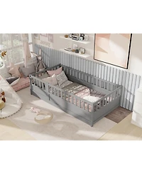 flynama Twin Size Montessori Wooden Floor Bed With High Security Barrier And Door For Kids Bedroom