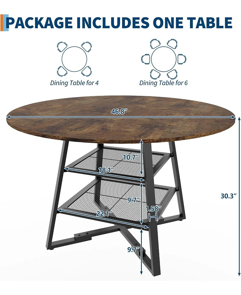 gaomon Dining Room Round Table Set for 4-6, Circle Kitchen Dining Table with Metal Base, 47 Inch Wooden Round DiningTable