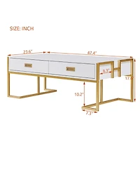 Rainsken Rectangular Coffee Table, Modern 47.4" Center Table with 4 Drawers and Gold Metal Base for Living Room