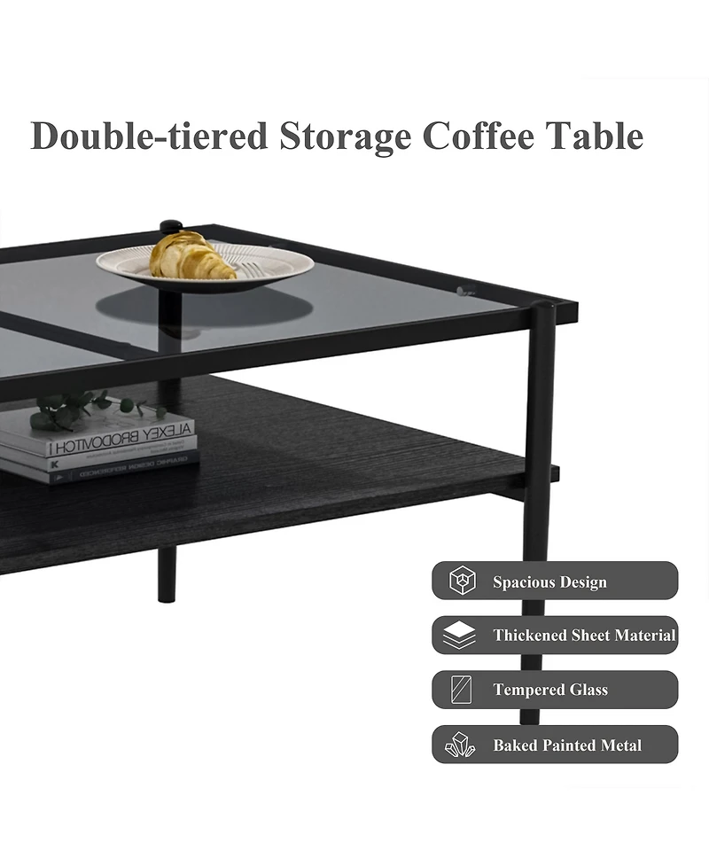 Rainsken Rectangle 2 Tier Coffee Table, Center Table with Tempered Glass Top and Wood Storage Shelf for Living Room