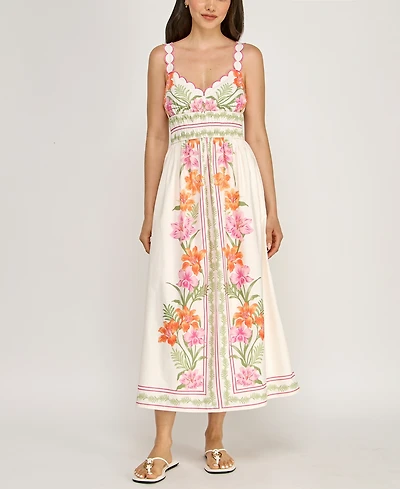 Row A Juniors' Sleeveless Scallop Strap Ruched Waist Midi Dress