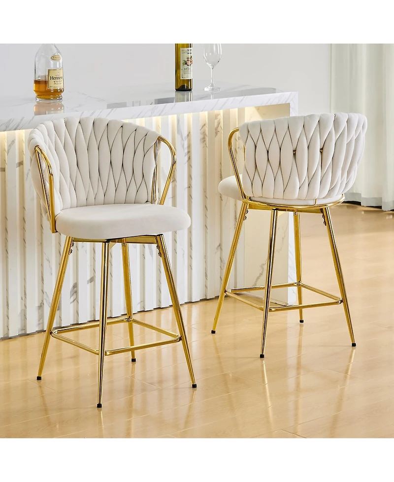 Rainsken Velvet Bar Stool set Swivel Counter Height Chairs with Metal Frame and Woven Rope Backrest for Kitchen Island