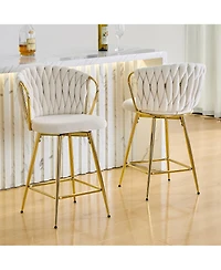 Rainsken Velvet Bar Stool set Swivel Counter Height Chairs with Metal Frame and Woven Rope Backrest for Kitchen Island