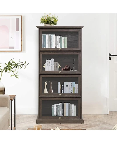 Rainsken Display Cabinet with 4 Flip up Glass Doors, 4-Tier Versatile Storage Organizer, Antique Bookcase for Living Room