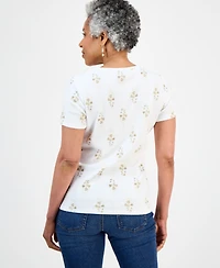 Style & Co Petite Floral-Print Short-Sleeve Henley Knit Top, Macy's Exclusive