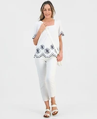 Style & Co Petite Short-Sleeve Scalloped Embroidered Knit Top, Macy's Exclusive