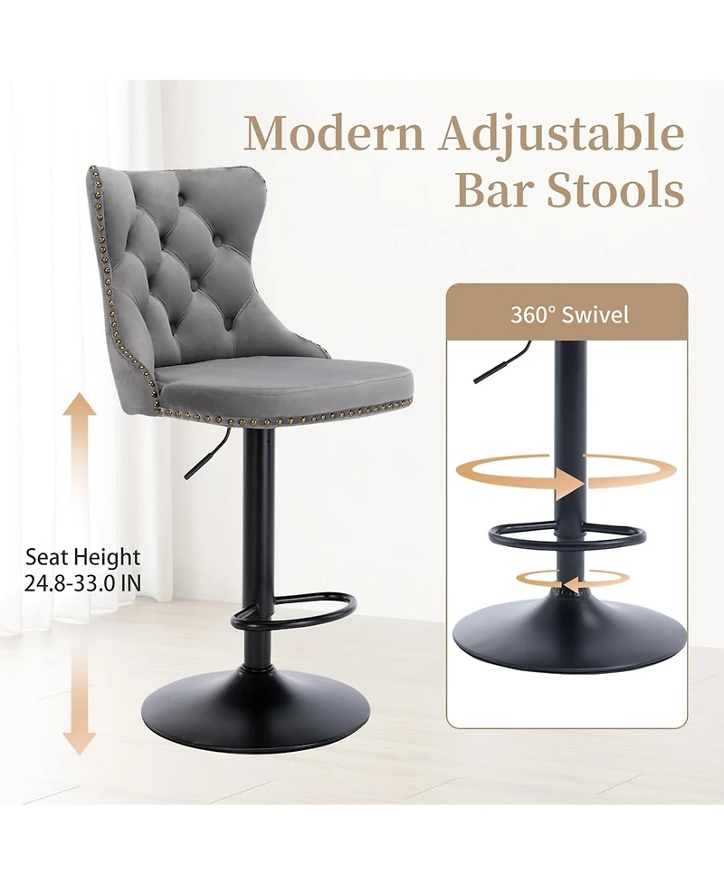 Rainsken Velvet Bar Stools Set Adjustable Swivel Counter Height Chairs Footrest and Nailhead Trim for Home Pub
