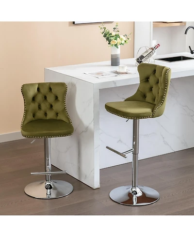 Rainsken Velvet Swivel Bar Stools Set Adjustable Counter Height Chairs with Nailhead Trim and Metal Base for Kitchen Island