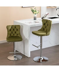 Rainsken Velvet Swivel Bar Stools Set Adjustable Counter Height Chairs with Nailhead Trim and Metal Base for Kitchen Island