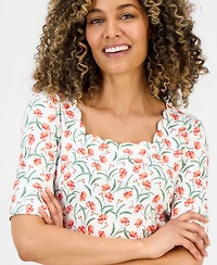Style & Co Petite Flower Field Elbow-Sleeve Scalloped Square-Neck Top, Macy's Exclusive