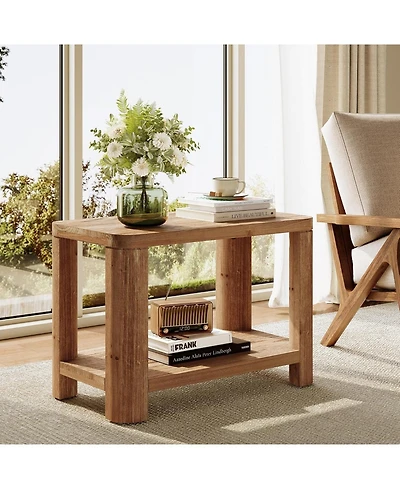 Tribesigns Solid Wood End Table, Farmhouse Side Table with 2-Tier Storage Shelf, Rectangle Bedside Nightstand, Accent Nightstand