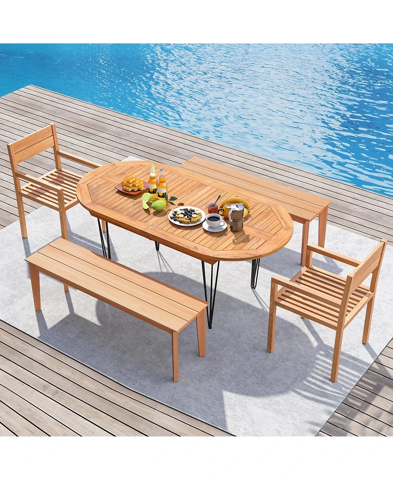 Gymax 71 Patio Dining Table 6 Person Large Oval Table Teak Wood Tabletop