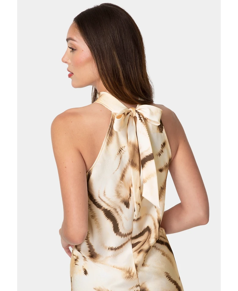 Bebe Women's Animal Satin Mock Neck Dress with Bow Back