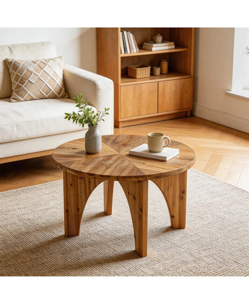 Tribesigns Solid Wood Round Coffee Table, Farmhouse Center Table with Curved Legs, Circle Cocktail Tea Table
