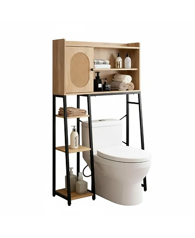 Yigii Over The Toilet Storage Cabinet Rattan Door Freestanding Adjustable Shelf Bathroom Organizer Metal Stand Space Saver