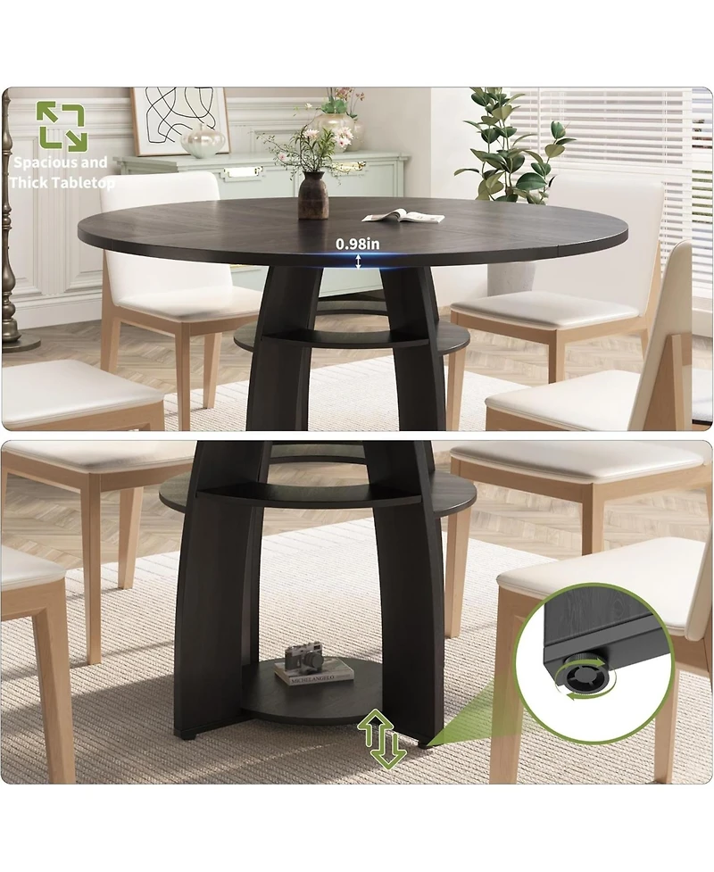 gaomon 47" Modern Farmhouse Round Dining Table for 4-6, Wood Kitchen Table with Storage Shelf and Adjustable Feet, Easy Assembly for Dining Room.