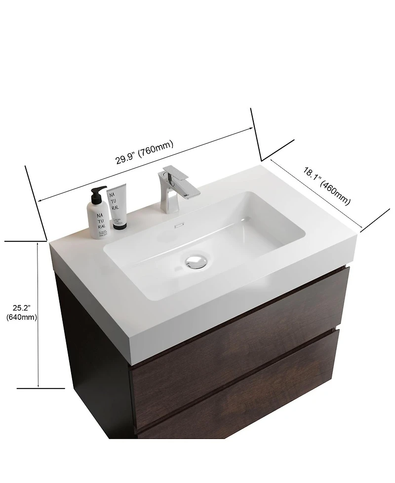 Thirtypeachy 30" Walnut Melamine Floating Vanity With Basin Sink, 3 Soft-Close Drawers Handle-Free, Pre-Assembled