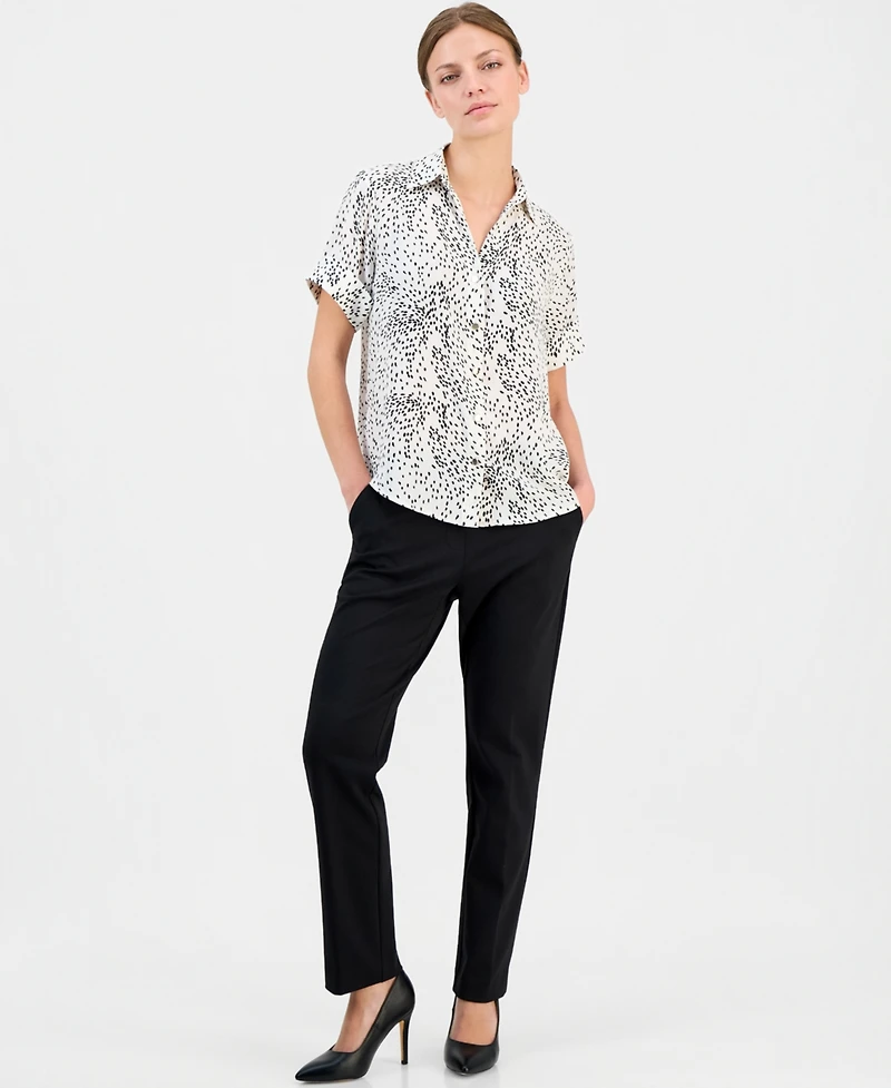 Anne Klein Essentials Petite Printed Button-Front Short-Sleeve Top
