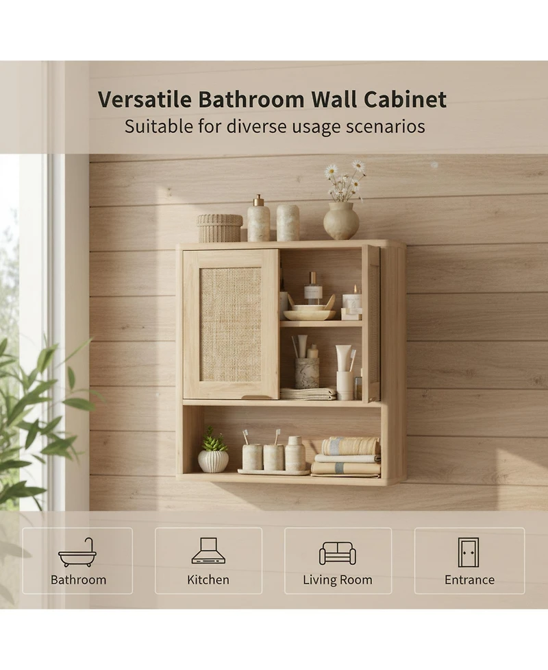 Yigii Rattan Wall Mounted Bathroom Cabinet Adjustable Shelf Over Toilet Storage Organizer Boho Style