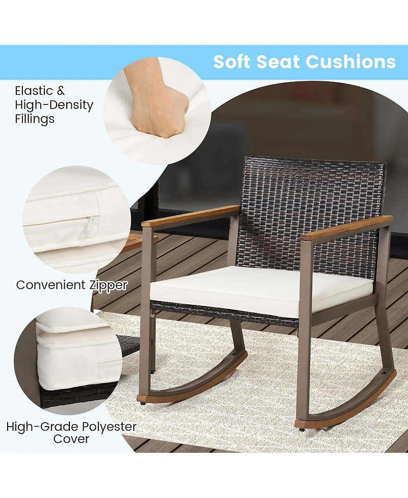 Gymax 3PCS Patio Rattan Rocking Chair Bistro Set Armrest Cushion Table w/ Storage Shelf