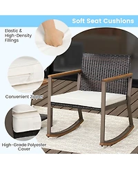 Gymax 3PCS Patio Rattan Rocking Chair Bistro Set Armrest Cushion Table w/ Storage Shelf