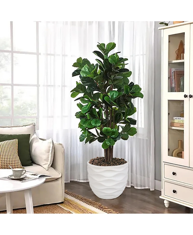 LuxenHome 17.4-Inch Round Waves MgO Planter, White