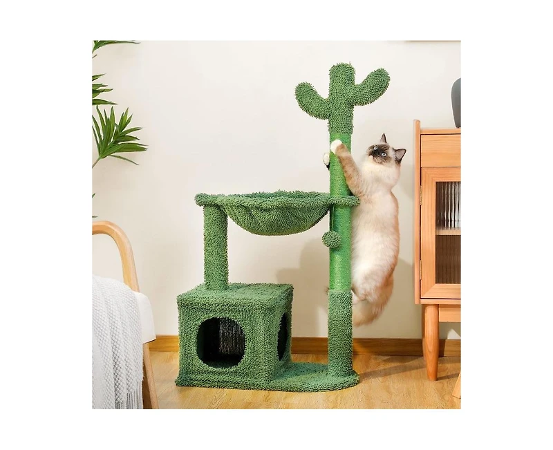 Aostirmotor Cactus Cat Tree with Large Condo Sisal Rope, Indoor Cat Tower with Scratching Posts