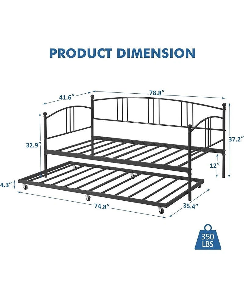 gaomon Twin Metal Daybed with Trundle, Pullout Trundle Bed with Casters, Steel Slat Support Sofa Bed for Bedroom,Guest Room