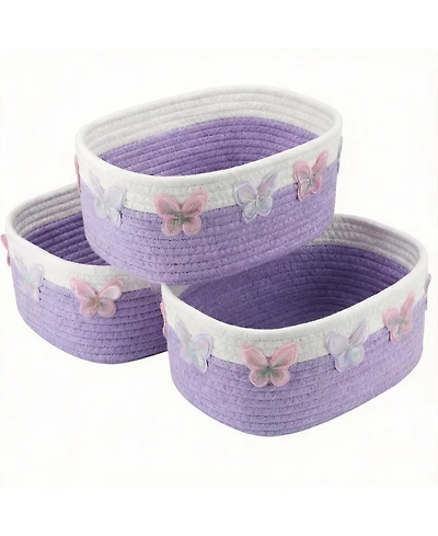 Yigii 3 Purple Butterfly Woven Cotton Baskets for Home Storage