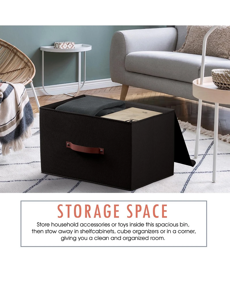 Ornavo Home Pack Foldable Linen Storage Bin with Faux Leather Handles and Lid