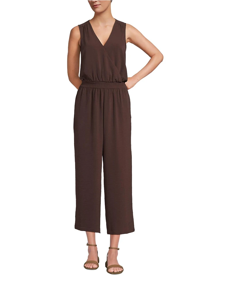 Lands' End Petite Sleeveless Creaseless Wrap Jumpsuit with Smocked Waist