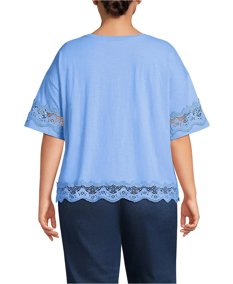 Lands' End Plus Short Sleeve Slub Jersey Cutwork T-Shirt